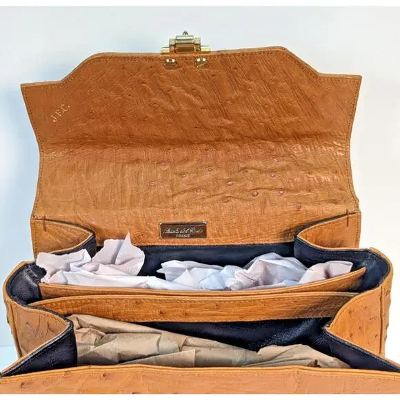 Scuola Del Cuoio Ostrich Leather Caramel Brown Flap Handbag Purse Firenze Italy - Picture 6 of 16